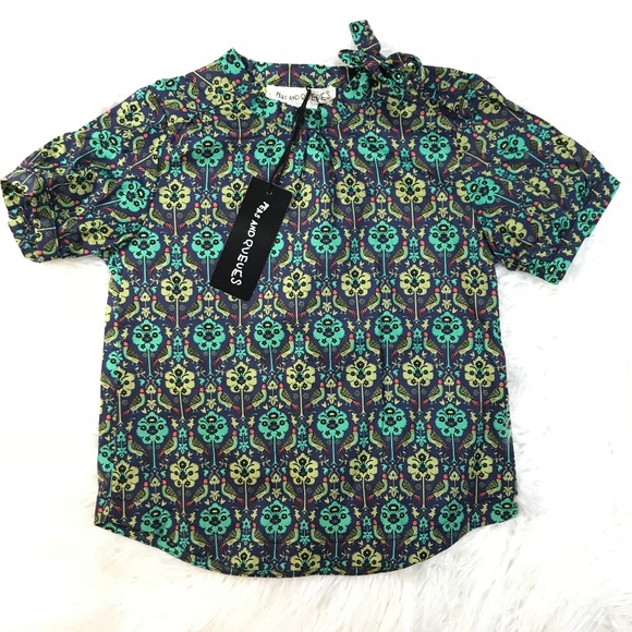 PEAS AND QUEUES GIRLS FLORAL SHIRT GREEN"NWT" TIE - Picture 1 of 3